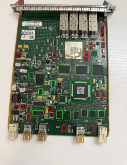 Board 01, Alcatel-Lucent line card: 19 of 19 large chips found, 20 false alarms.