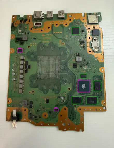 Board 03, PS5 motherboard: 5 of 8 found, SSD controller missed.
