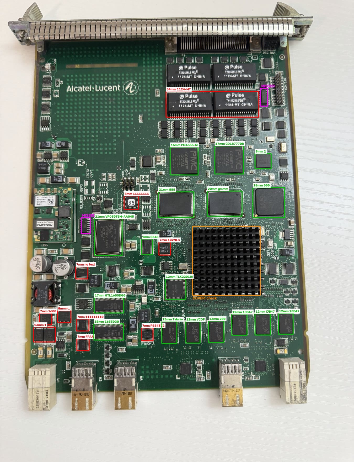 Detector output on a telecom line card: chips boxed with part numbers read.